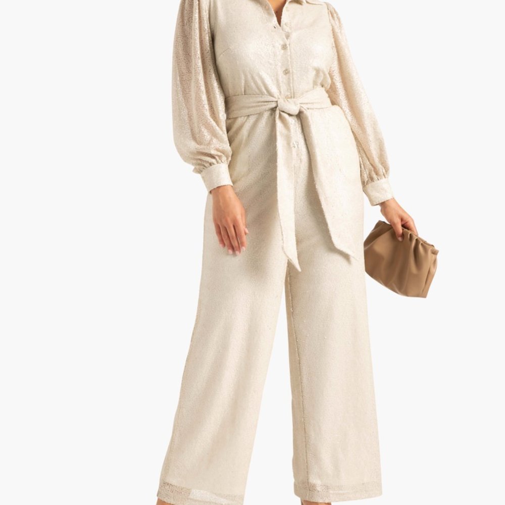 NWT Eloquii Sequin Jumpsuit Pockets! Layla Beige/White Off White